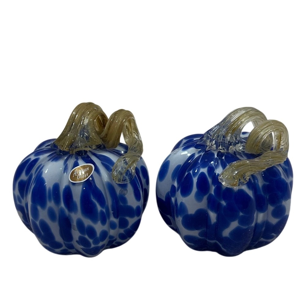 Artisan Glass Blue White Mottled Pumpkins Set of 2 Hand Blown Decorative 4.5in